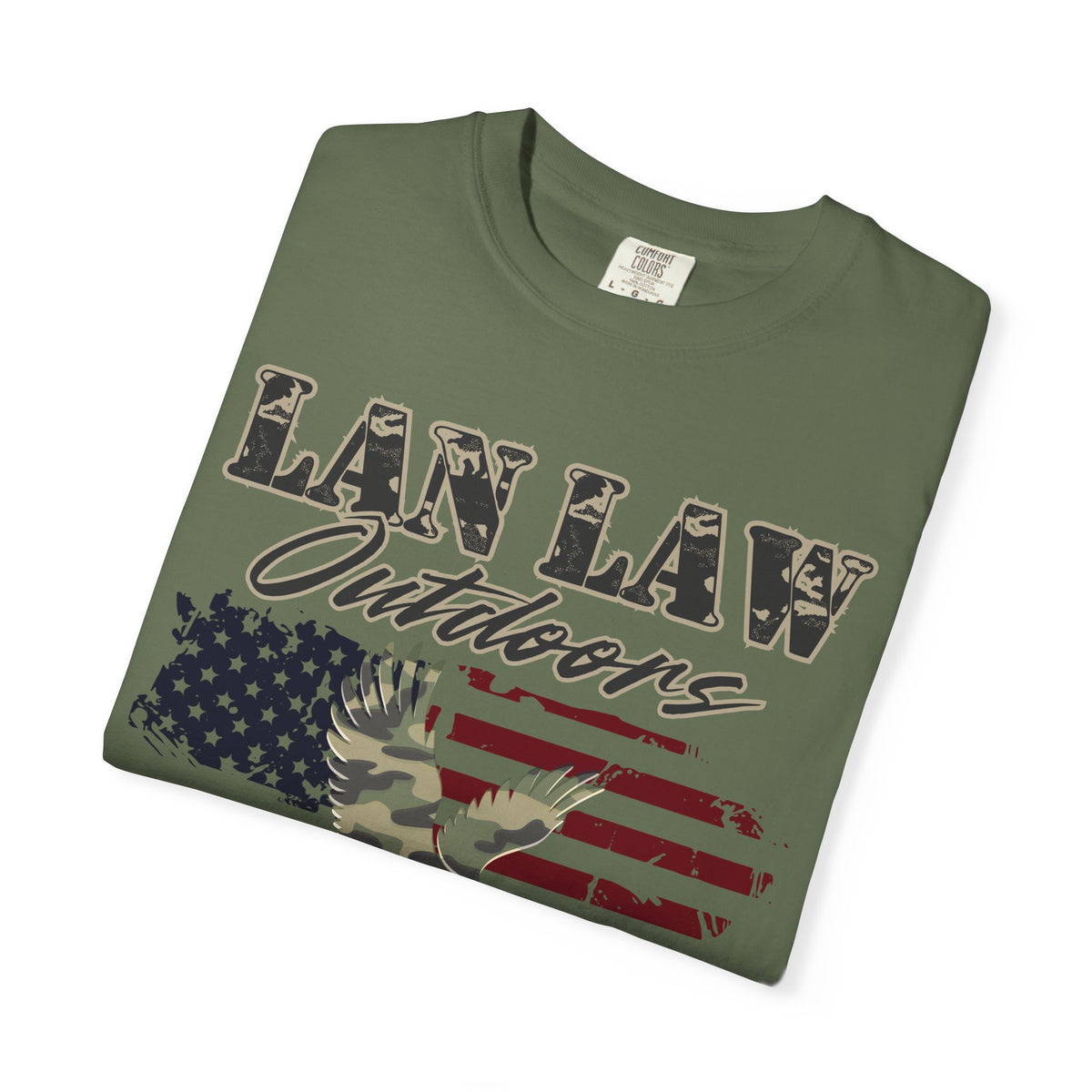 Lan Law Outdoors T-Shirt — American Flag & Camo Eagle Graphic