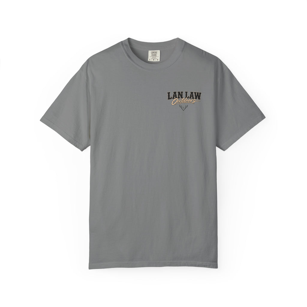 Lan Law Outdoors T-Shirt — American Flag Deer Skull Hunting Graphic Tee