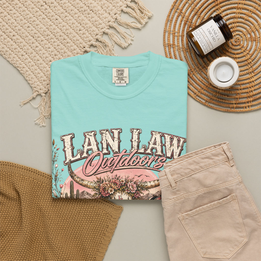 Cowboy Western Graphic T-Shirt — 'Lan Law Outdoors' Rustic Desert Design