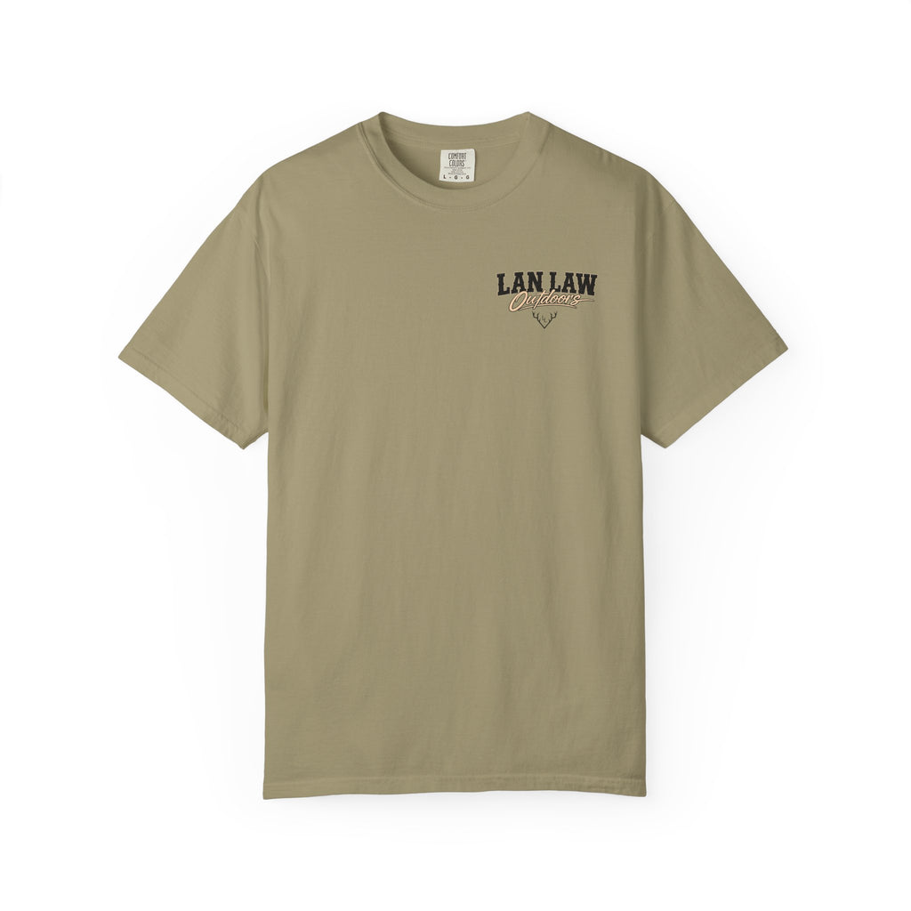 Lan Law Outdoors T-Shirt — American Flag Deer Skull Hunting Graphic Tee
