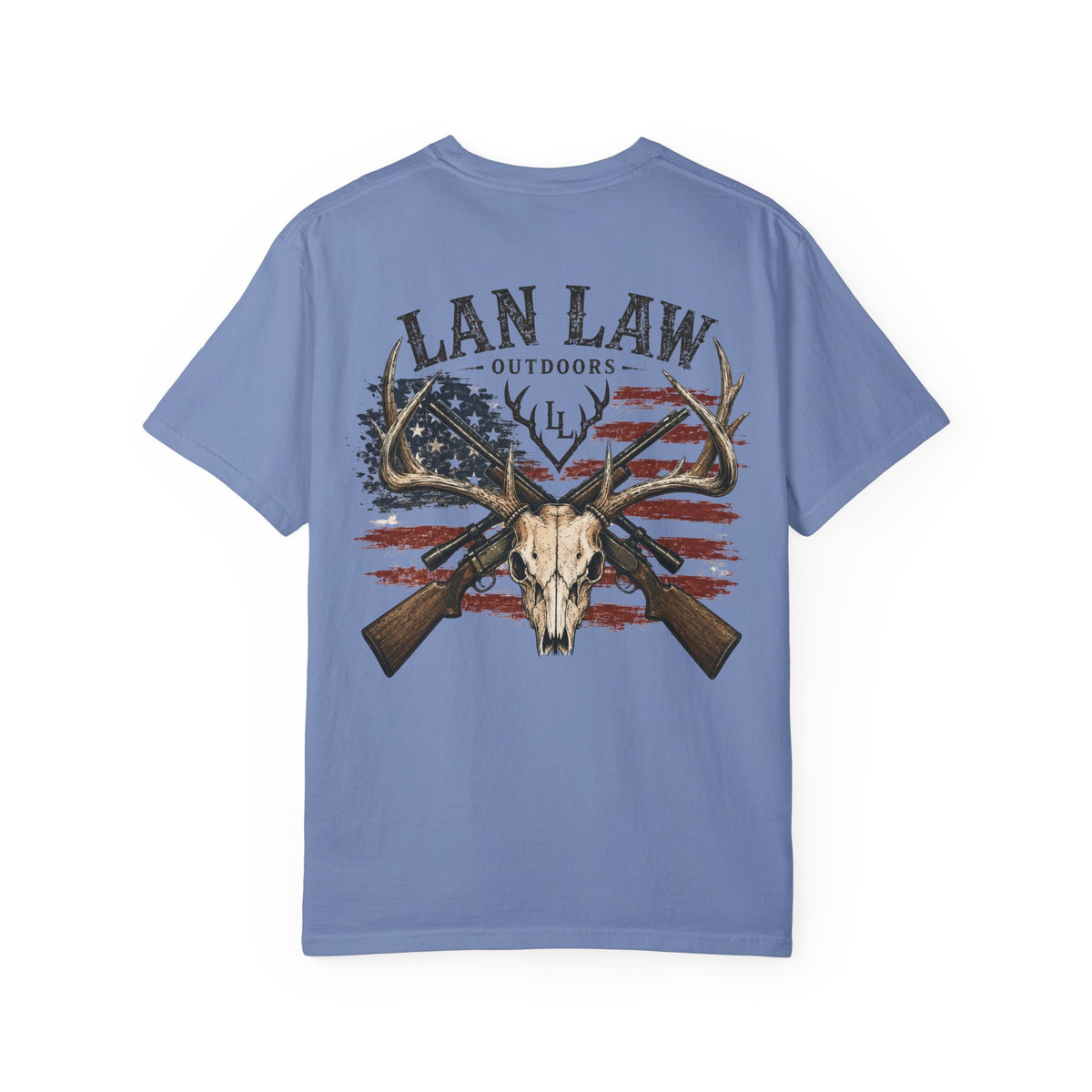 Lan Law Outdoors T-Shirt — American Flag Deer Skull Hunting Graphic Tee