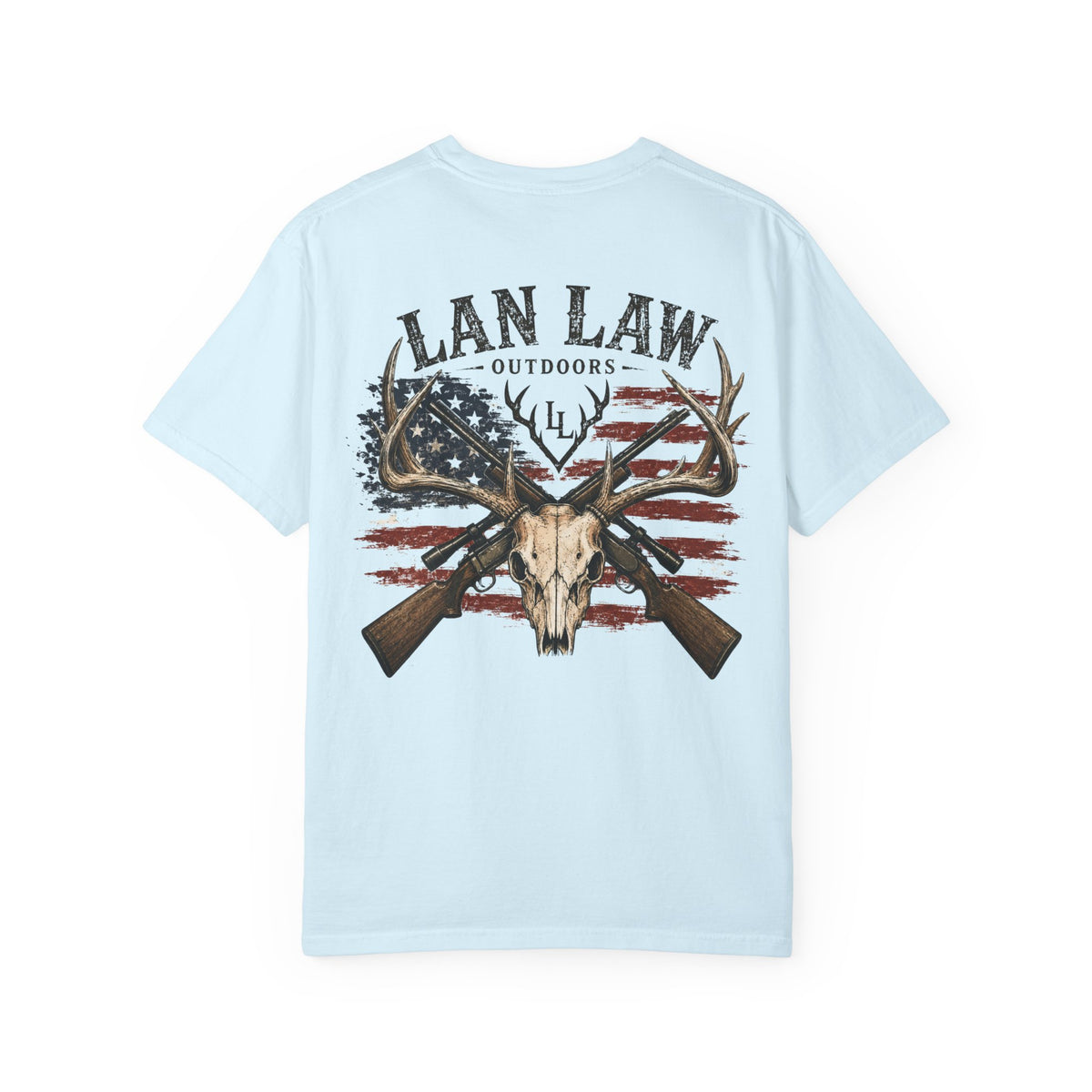 Lan Law Outdoors T-Shirt — American Flag Deer Skull Hunting Graphic Tee