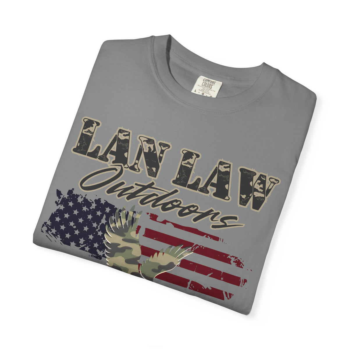 Lan Law Outdoors T-Shirt — American Flag & Camo Eagle Graphic