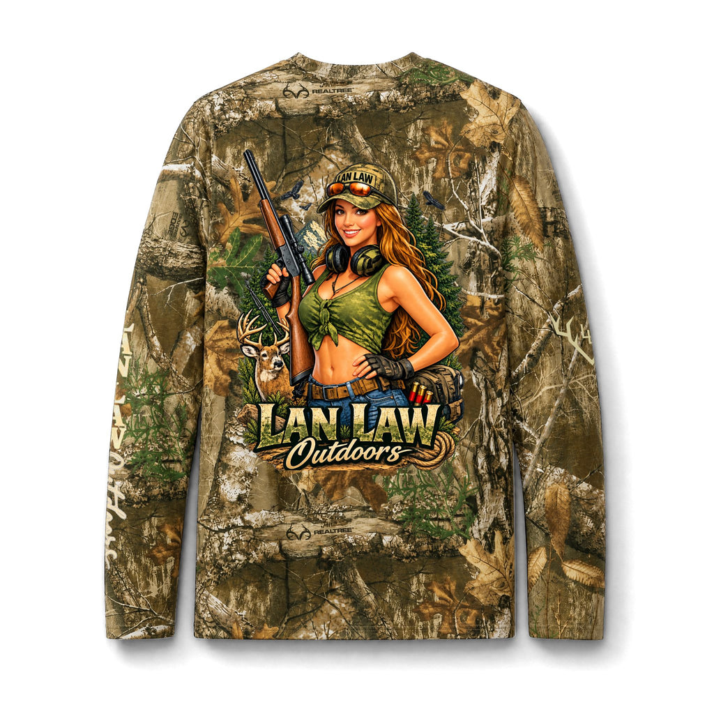 Camo Long Sleeve Tee — 'Lan Law Outdoors' Hunting Graphic Pocket Tee