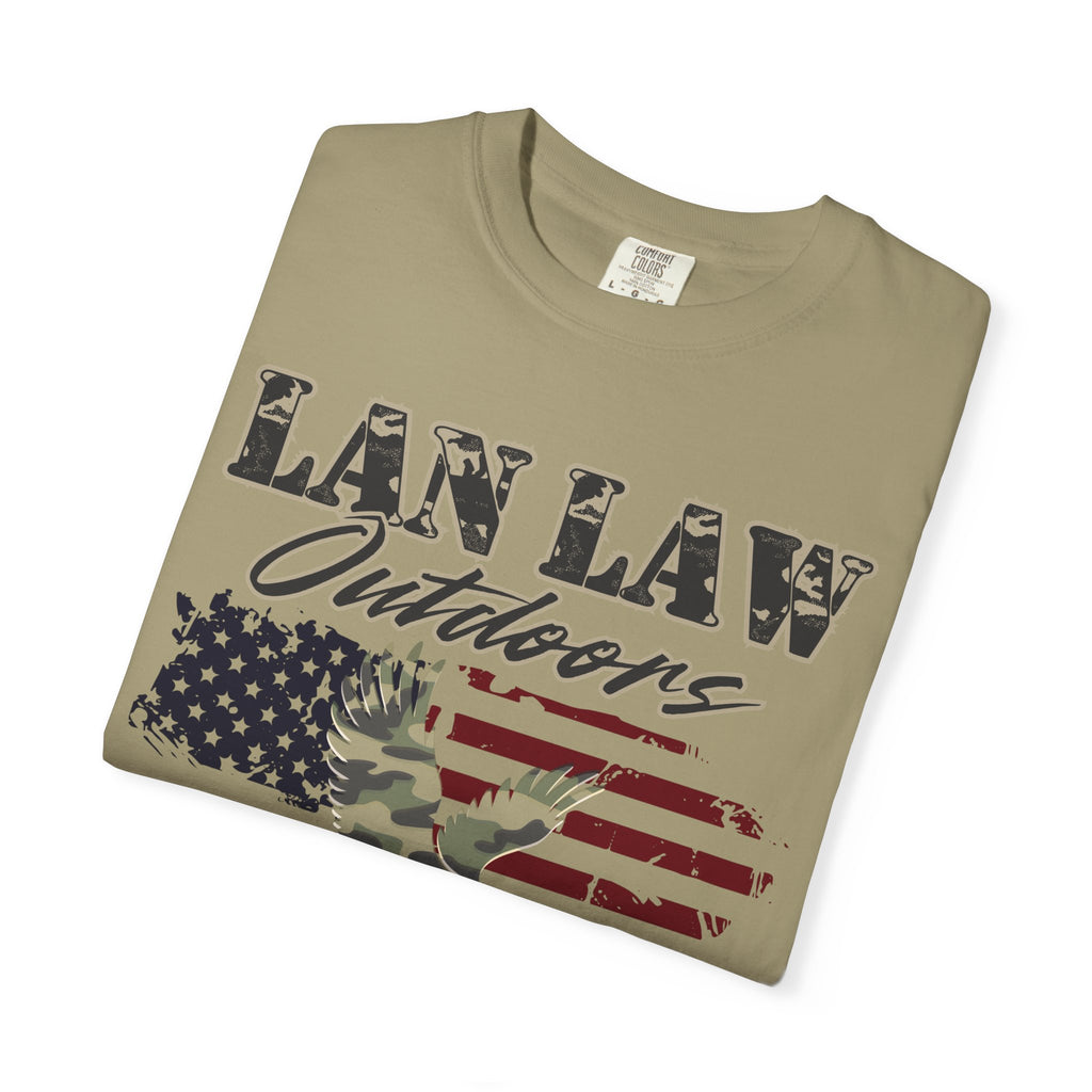 Lan Law Outdoors T-Shirt — American Flag & Camo Eagle Graphic