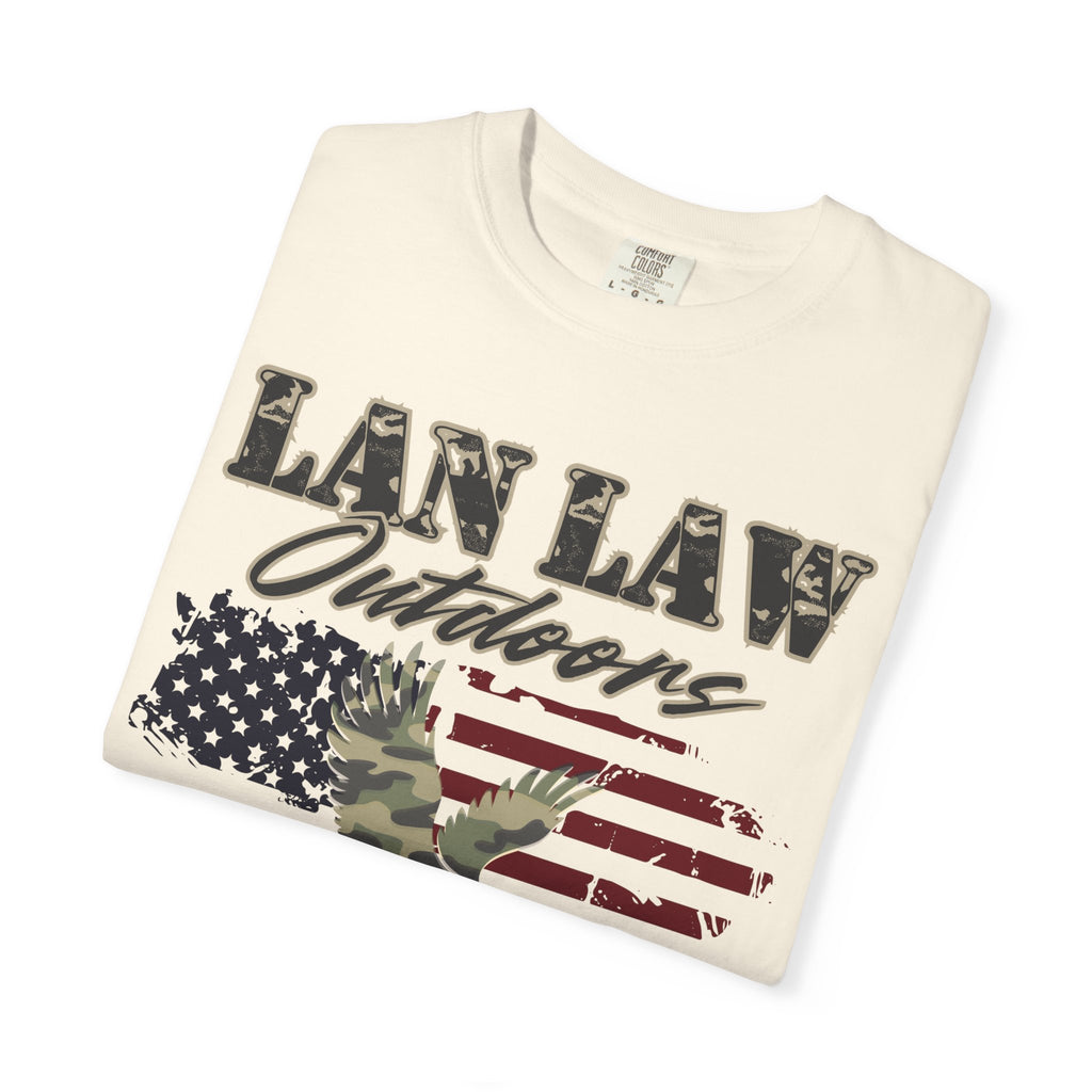 Lan Law Outdoors T-Shirt — American Flag & Camo Eagle Graphic