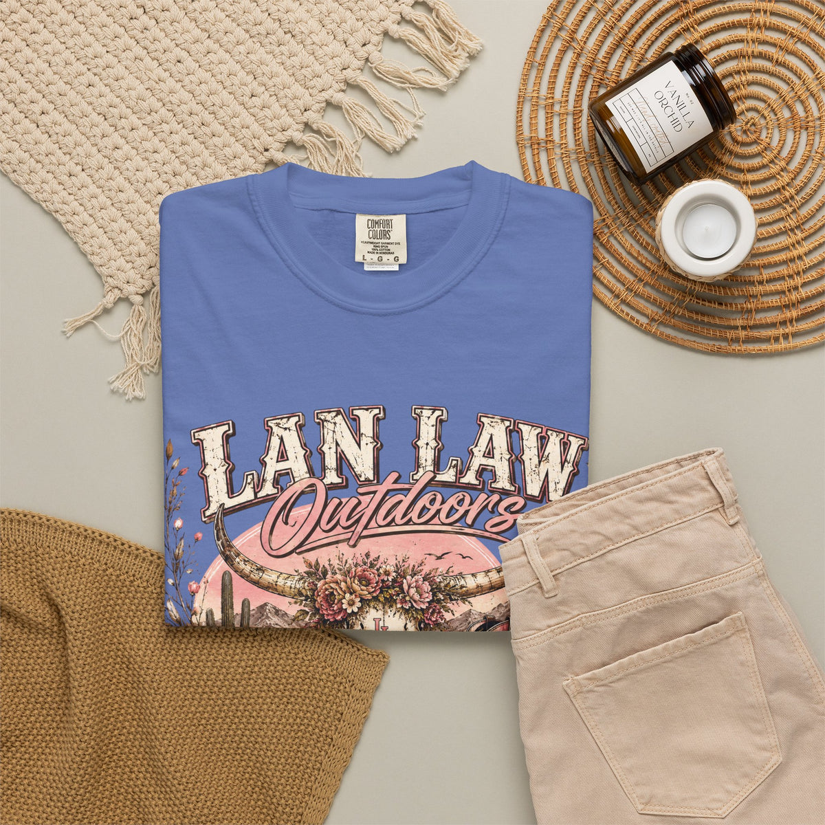Cowboy Western Graphic T-Shirt — 'Lan Law Outdoors' Rustic Desert Design