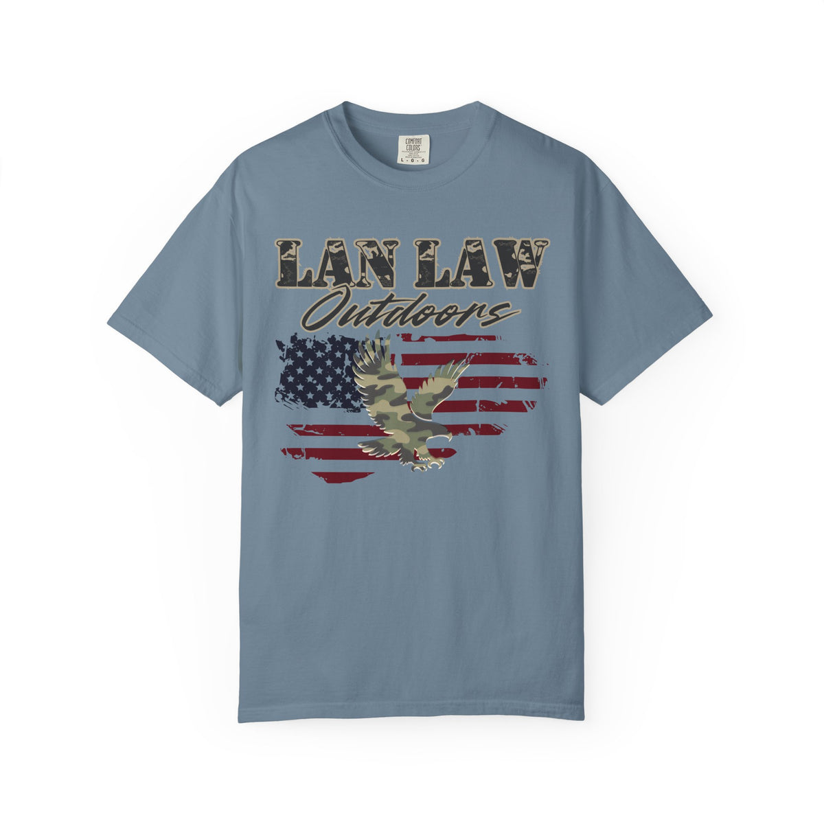 Lan Law Outdoors T-Shirt — American Flag & Camo Eagle Graphic