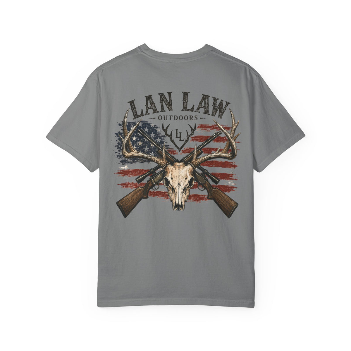Lan Law Outdoors T-Shirt — American Flag Deer Skull Hunting Graphic Tee