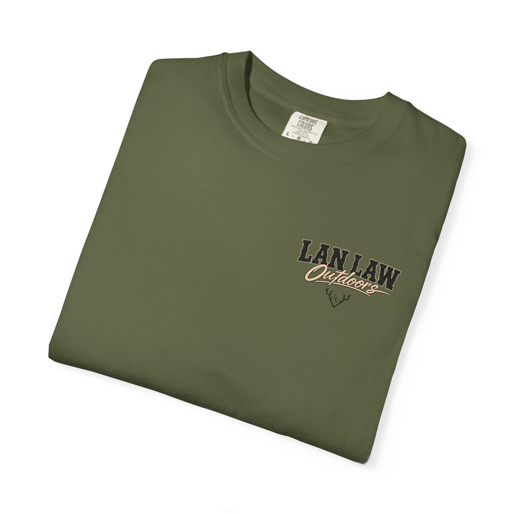 Lan Law Outdoors T-Shirt — American Flag Deer Skull Hunting Graphic Tee