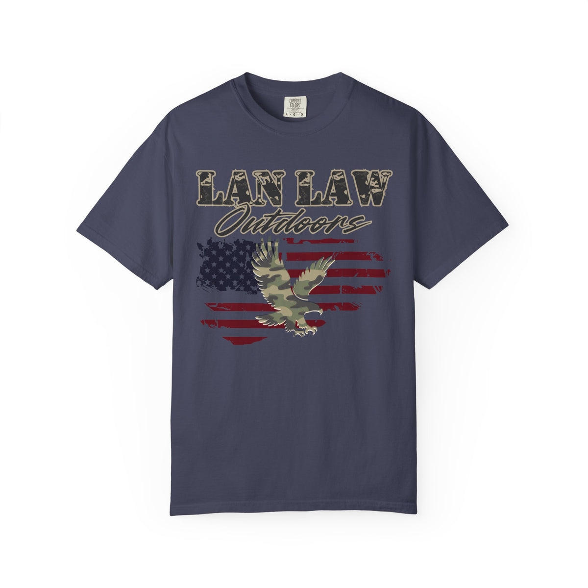 Lan Law Outdoors T-Shirt — American Flag & Camo Eagle Graphic