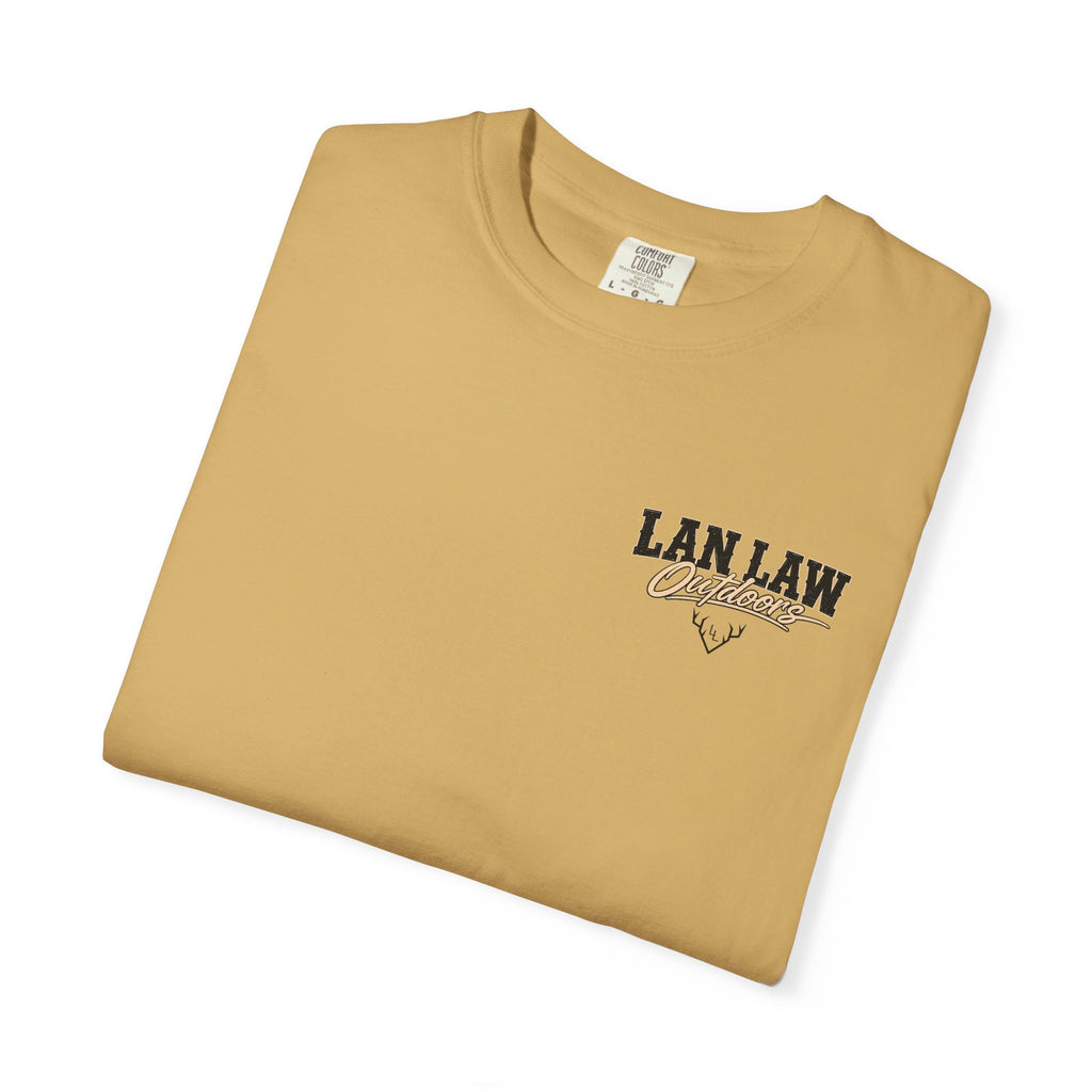 Lan Law Outdoors T-Shirt — American Flag Deer Skull Hunting Graphic Tee