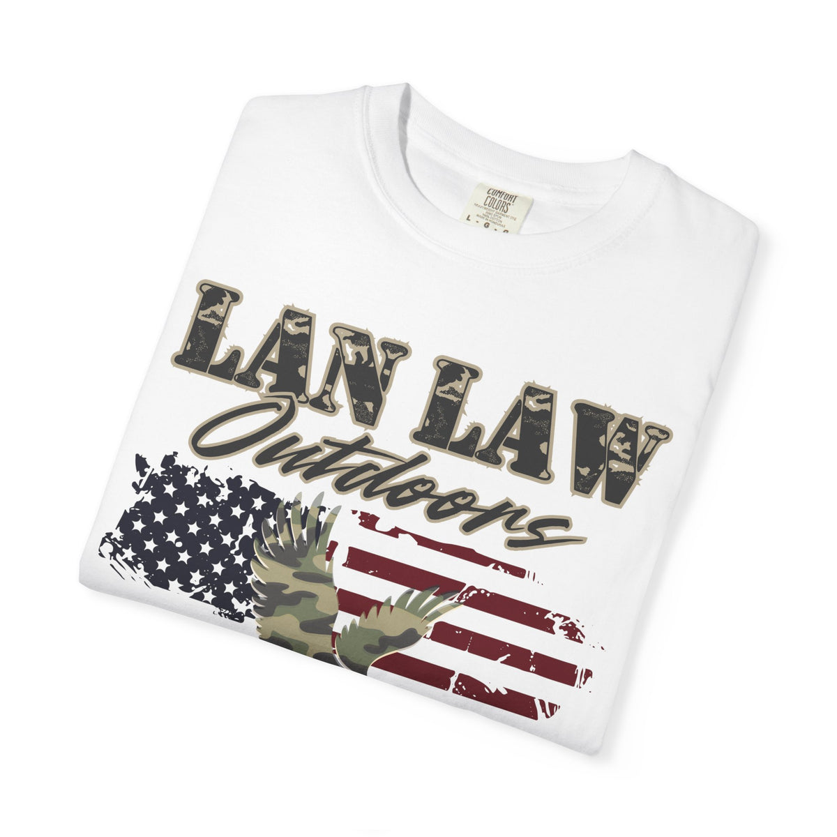 Lan Law Outdoors T-Shirt — American Flag & Camo Eagle Graphic