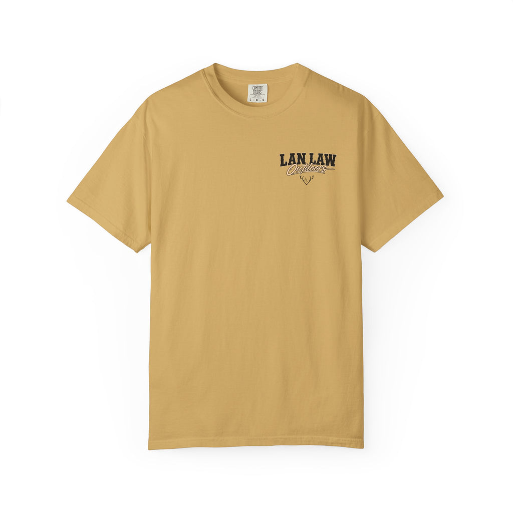 Lan Law Outdoors T-Shirt — American Flag Deer Skull Hunting Graphic Tee